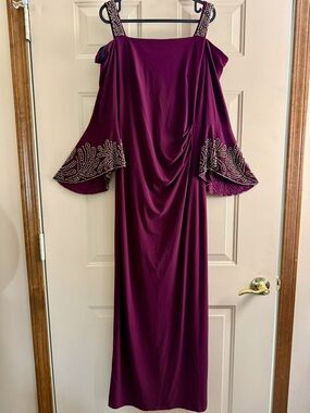 Betsy & Adam Plum Off-Shoulder Maxi Dress with Embellished Bell Sleeves